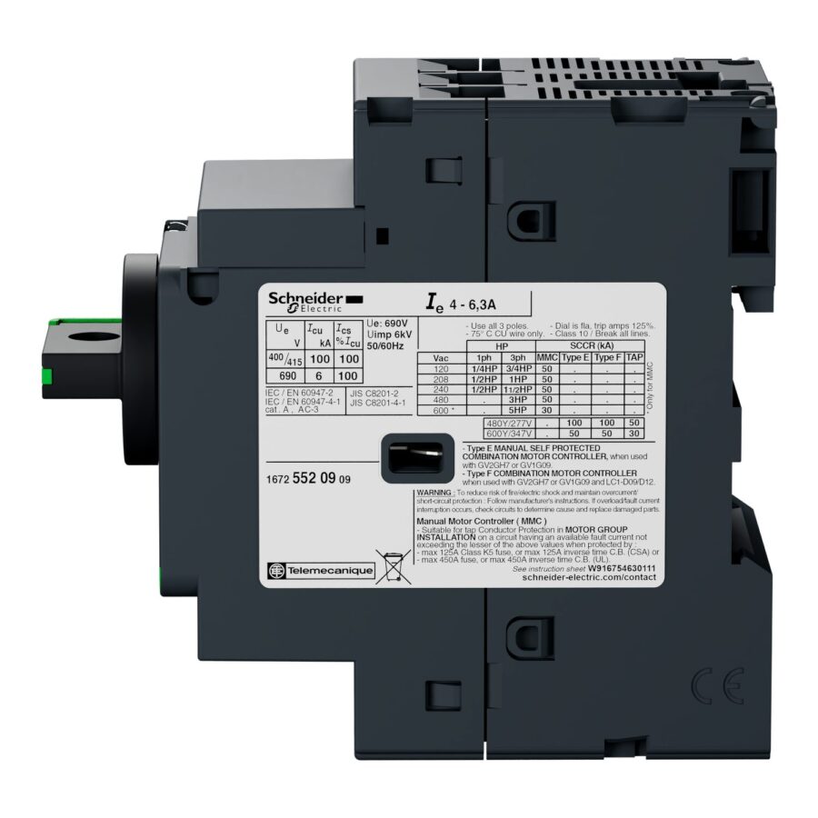 Guardamotor Termomagnético TeSys GV2 AC-3 0.63-1A 100KA 3P3D Manija Rotativa GV2P05 - Imagen 2